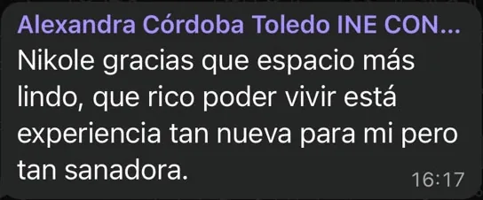 Mensaje de WhatsApp de Alexandra Córdoba Toledo: Nikole, gracias, qué espacio más lindo. Qué rico poder vivir esta experiencia tan nueva para mí pero tan sanadora.